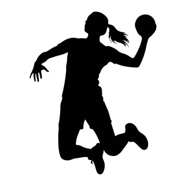 Havada hoplayıp zıplayıp hentbol oynayan siyah bir kadın silueti. O, atletik şort ve at kuyruklu bir tişört giyiyor. Görüntü, dinamik duruşu ve atletik hareketi vurgulayan beyaz bir arkaplanda izole edilmiştir..