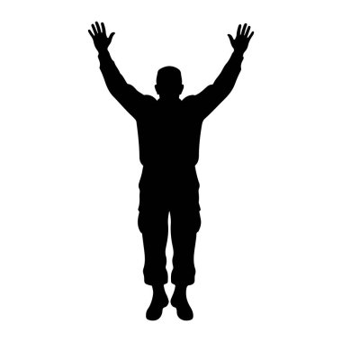 Siyah bir insan silueti kollarını kaldırmış ve geniş bir şekilde uzanıyor. Elleri açık ve parmakları görünür durumda. Şekil, düz beyaz bir zemine karşı ayaktan kafanın üstüne kadar tasvir edilir. Siluet