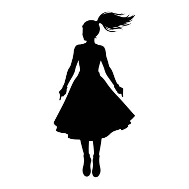 Beyaz arka planda siyah bir kadın silueti tasvir edilir. Uzun, alevli bir etek giyiyor ve saçları rüzgarda savruluyor gibi görünen yüksek bir at kuyruğu şeklinde. Kolları hafifçe dışa doğru uzanıyor ve vücudu...