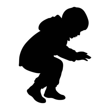 Küçük bir çocuğun siyah silueti beyaz arka planda çömelmiş olarak tasvir edilir. Çocuk kapüşonlu ve botlu giysiler giyiyor. Açık hava ya da kış ayarı olduğunu gösteriyor. Duruş, belki de yerdeki bir şeyle bağlantılı olduğunu gösteriyor.