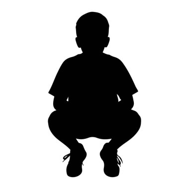 Beyaz arka planda çömelmiş küçük bir çocuğun siyah silueti. Çocuk bir tişört, şort ve bağcıklı spor ayakkabı giyiyor. Silüet simsiyahtır, figürün ana hatlarından başka görünür detay yoktur..