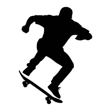 Siyah bir siluet, beyaz bir arka plan karşısında kaykaylı bir insanın görüntüsü. Kaykaycı bir ayağı tahtada, diğer bacağı da uzatılmış olarak öne eğiliyor. Kollar denge ve hareket için konumlandırıldı. Siluet...