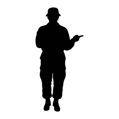 Askeri tarzda üniforma giyen ve şapkası öne bakan siyah bir siluet. Kişinin sağ kolu uzatılmış ve işaret parmağı sağ tarafı işaret ediyor. Siluet beyaz bir arkaplanda izole edilmiş..