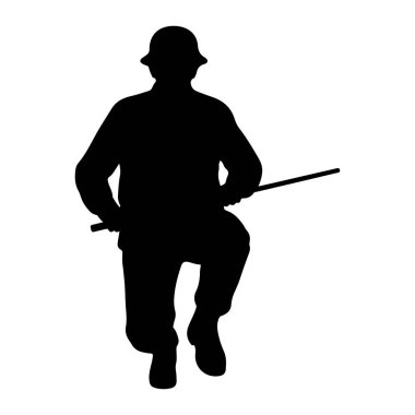 Diz çökmüş siyah bir asker silueti. Asker bir kask takıyor ve önlerinde bir sopa ya da sopa tutuyor gibi görünüyor. Şekil beyaz bir arkaplanda izole edilmiştir..