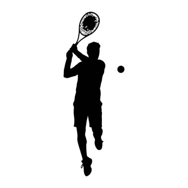 Bir tenis oyuncusunun siyah silueti, bir topa vurmak için raket sallıyor. Oyuncu dinamik bir duruşta tasvir edilir, güçlü bir vuruşu işaret eder. Arka plan bembeyaz, figürü ve sporu vurguluyor..
