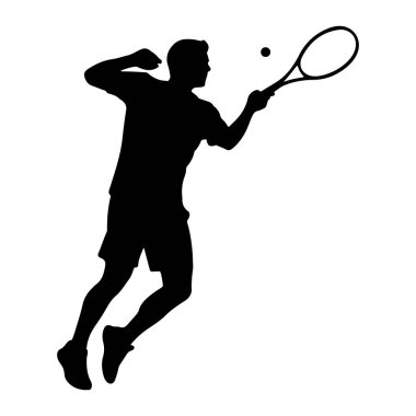 Havada bir erkek tenisçinin silueti, topa vurmak için raket sallıyor. Oyuncu bir tişört ve şort giyiyor, bacakları bükülmüş ve bir kolu uzatılmış. Arkaplan düz beyaz.