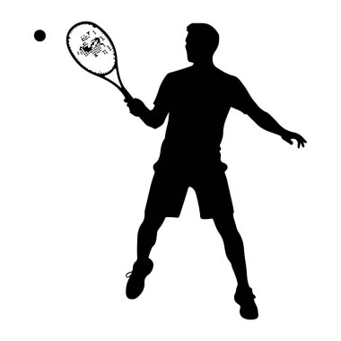 Aksiyonun ortasında tenis oynayan siyah bir tenisçinin silueti tenis topuna vurmak için raket sallıyor. Oyuncu atletik ayakkabılı bir tişört ve şort giyiyor. Top raketin önüne konmuş, servis ya da güçlü bir vuruş olduğunu gösteriyor..