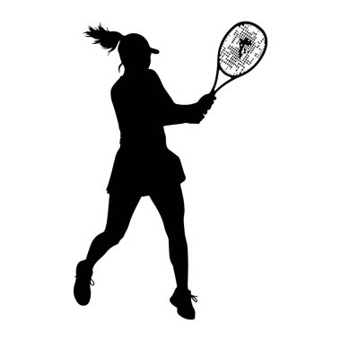 Hareket halindeki bir bayan tenisçinin siyah silueti, salıncakta tenis raketiyle yakalanmış. Saçları at kuyruklu bir şapka ve etek giyiyor. Görüntü, beyaz arkaplana karşı katıksız siyah beyaz bir grafik gösterimidir.