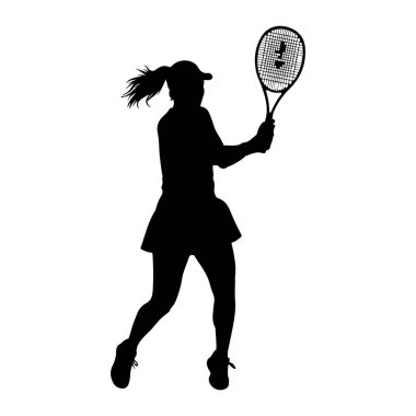 Siyahi bir tenis oyuncusu silueti, raketiyle sallanırken. O, saçları akarken bir şapka ve bir etek giyiyor. Görüntü, sporcunun dinamik hareketini vurgulayan katıksız siyah beyaz bir grafiktir..