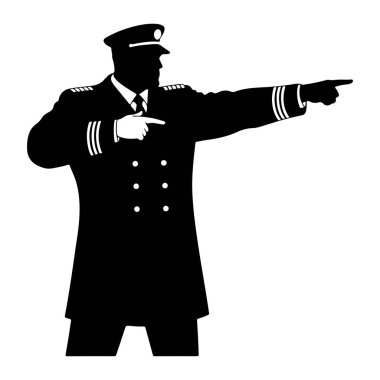 Resmi üniformalı bir adamın siyah silueti. Kolları ve omuzlarında kep, kravat ve amblem var. Göğsünden yukarısına, sol kolu bükülmüş ve işaret parmağı sağı işaret ediyor ve sağ kolu uzanıyor.