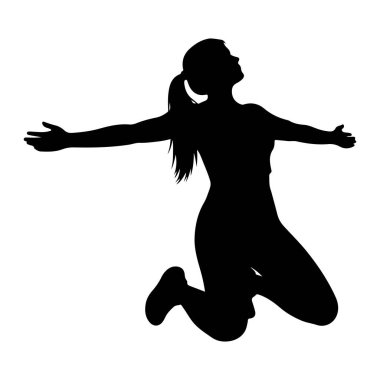 Bir bacağı bükülmüş ve diğeri uzamış, dinamik poziyondaki bir kadının siyah silueti. Kolları sonuna kadar açık ve kafası geriye doğru eğik. Bu da bir kutlama ya da neşe anı olduğunu gösteriyor. Bir at kuyruğu var, ve genel olarak...
