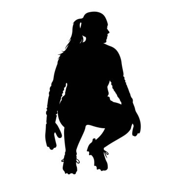 Atletik çömelme pozisyonu almış siyah bir kadın silueti beyaz bir arkaplanda tasvir edilir. At kuyruğu var ve uzun kollu ve atletik ayakkabılar giyiyor. Elleri eldivenlerle kaplı. Poz harekete geçmeye hazır olduğunu gösteriyor.