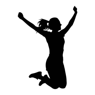 Kutlama için kollarını havaya kaldırmış siyah bir kadın silueti. Vücudu açılı, bir bacağı bükülmüş ve diğeri uzatılmış. Saçları at kuyruğu şeklinde bağlanmış. Resim beyaz bir arkaplanda izole edilmiştir.