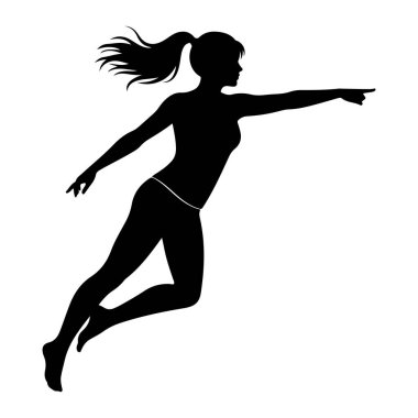 Zıplamanın ortasında, vücudu öne dönük ve sağ kolu işaret parmağıyla uzamış siyah bir kadın silueti. Saçları at kuyruğu şeklinde. Bu da hareket ve hız göstergesi. Şekil agains tasvir edilir