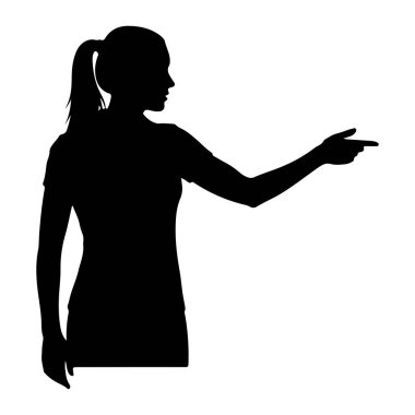 Profil görüntüsü olan siyah bir kadın silueti, sağa bakıyor. Saçları at kuyruğu şeklinde bağlanmış ve işaret parmağıyla sağ kolunu öne doğru uzatıyor. Siluet beyaz arka planda..