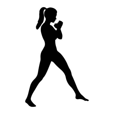 Dinamik dövüş duruşu olan siyah bir kadın silueti. At kuyruğu var ve yumrukları savunma pozisyonu veya hücum pozisyonu alıyor. Vücudu açılı, bir bacağı önde, diğeri arkada. Hazır olduğunu ve hareket ettiğini gösteriyor. Th