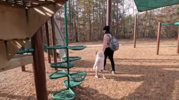 Beautiful Shot Mother Her Young Daughter Walking Playground — Stockvideo