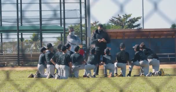 Slow Motion Young Baseball Team Getting Pep Talk Coaches High — Stock videók
