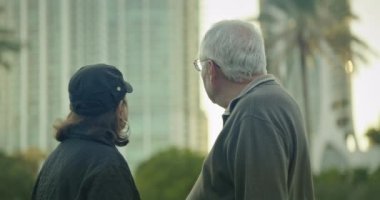 Yaşlı bir çiftin Florida 'daki bir parktaki binalara bakarken çekilmiş orta boy fotoğrafı.