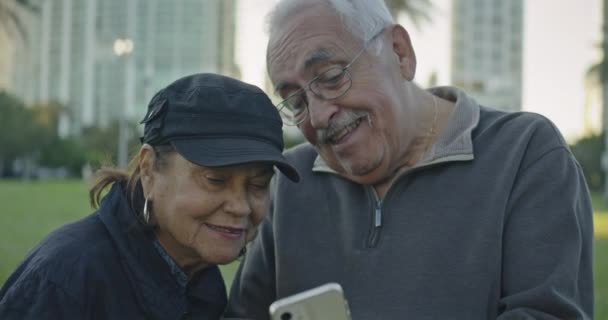 在佛罗里达州南部的一个公园里 一对老夫妇一边看着手机上的东西 一边笑着 动作缓慢 — 图库视频影像