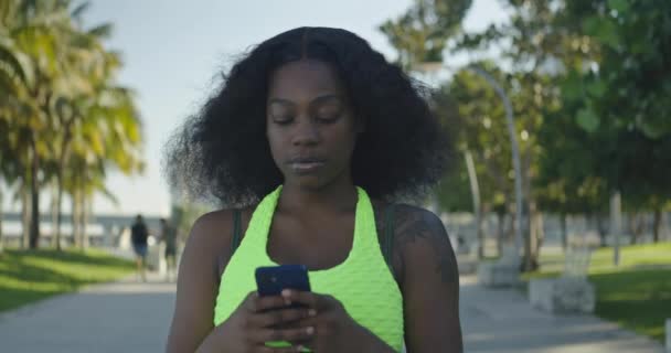 Під Час Перебування Парку Одна Афроамериканська Дівчина Пише Смс Мобільному — стокове відео