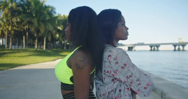 Zeitlupe Von Zwei Jungen Afroamerikanischen Frauen Die Einem Park Wasser — Stockvideo