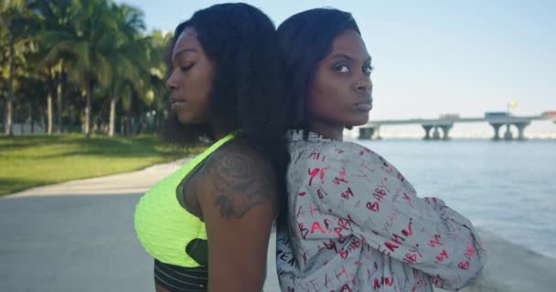 两名非裔美国青年女子背对背站在靠近水边的公园时 看着镜头 眼神严肃 动作缓慢 — 图库视频影像