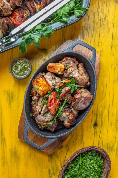Bbq Grilled Meat Pork Chicken Vegetable Cast Iron Pan Grilled — Stock Photo, Image