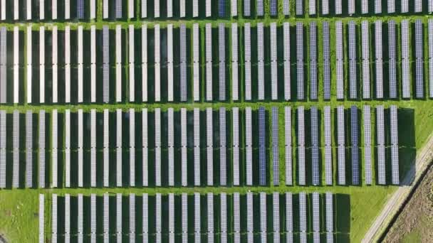 Widok Góry Nowej Farmy Słonecznej Rzędy Nowoczesnych Fotowoltaicznych Paneli Słonecznych — Wideo stockowe