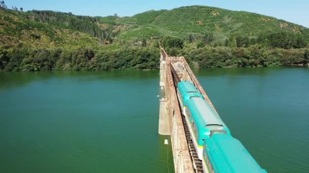 Поезд Пересекающий Реку Моле Железнодорожном Мосту Возле Конститусьона Чили — стоковое видео