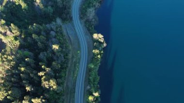 Berrak mavi gölün yanında, doğal ortamda yemyeşil yemyeşil bir yer ile çevrili manzaralı dolambaçlı bir yol. Yüksek kalite 4k görüntü