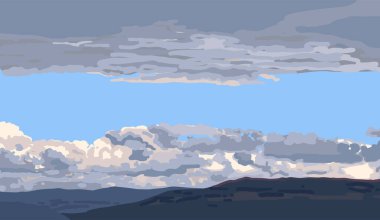 Scenic mountain view under blue cloudy sky. Vector landscape. Horizontal format