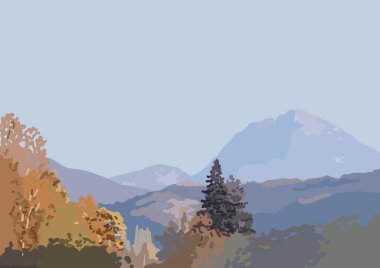 Scenic autumn mountain view under blue cloudy sky. Vector landscape. Horizontal A4 format