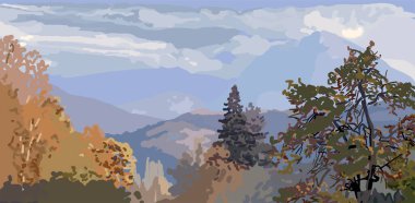 Scenic autumn mountain view under blue cloudy sky. Vector landscape. Horizontal format