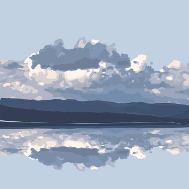 Picturesque view of a lake with mountains reflected in it under a cloudy sky. Vector landscape