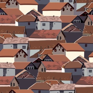 Small cozy houses with red tiled roofs. Serbia, Balkans. Vector repeated seamless border