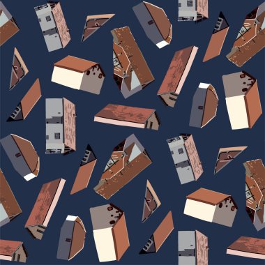 Small cozy houses with red tiled roofs. Serbia, Balkans. Vector repeated seamless border