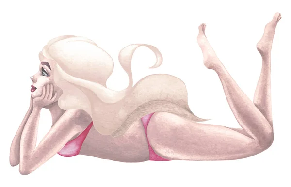 Beautiful Caucasian Girl Underwear Lying Her Stomach Resting Her Head — Stok fotoğraf