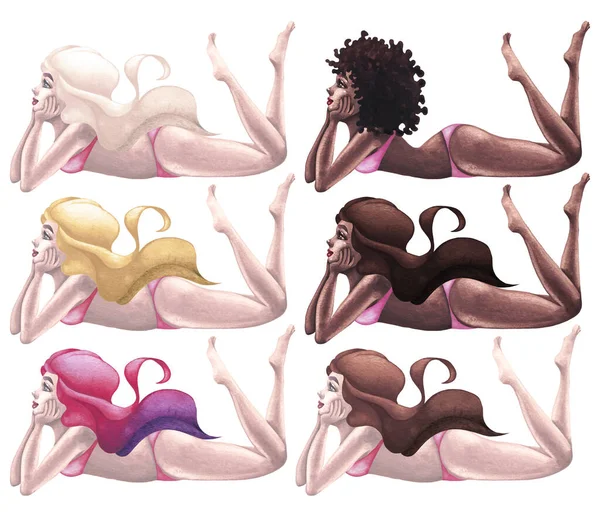 Beautiful African Caucasian Girls Underwear Lying Stomachs Resting Head Hands — Stockfoto