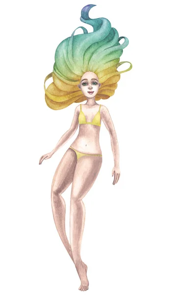 Beautiful Caucasian Girl Full Length Swimming Underwater Pose Hair Her — Stok fotoğraf