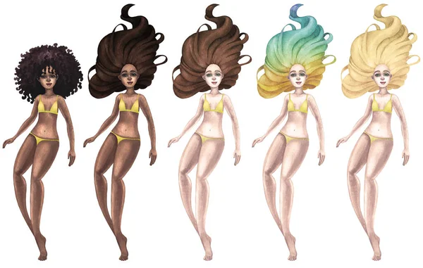 Beautiful African Caucasian Girls Full Length Swimming Underwater Pose Hair — Stock Photo, Image