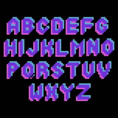 Alphabet of a bold uppercase letters drawn in a pixel art style. Vector design elements isolated on a black background