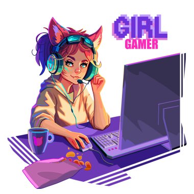 Girl gamer or streamer with cat ears headset sits at a computer with some drink and snaks on a table. Cartoon anime style. Vector character isolated on white background