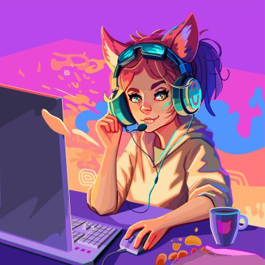Girl gamer or streamer with cat ears headset sits at a computer with some drink and snaks on a table. Cartoon anime style. Vector character over an abstract lava lamp backdrop