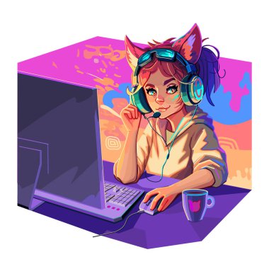 Girl gamer or streamer with cat ears headset sits at a computer with an abstract lava lamp backdrop. Cartoon anime style. Vector character isolated on white background