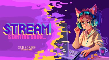 Girl gamer or streamer with cat ears headset sits at a computer with some drink and snaks on a table. Cartoon anime style. Vector character with a notificational phrase over