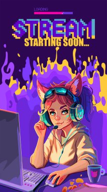 Girl gamer or streamer with cat ears headset sits at a computer with some drink and snaks on a table. Cartoon anime style. Vector character over an abstract lava lamp backdrop