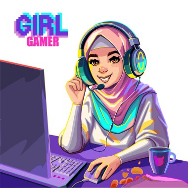 Muslim girl gamer or streamer in a hijab and a headset sits at a computer with some drink and snaks on a table. Cartoon anime style. Vector character isolated on white background