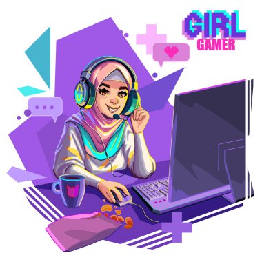 Muslim girl gamer or streamer in a hijab and a headset sits at a computer with an abstract geometric backdrop. Cartoon anime style. Vector character isolated on white background