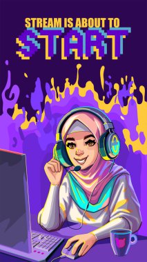Muslim girl gamer or streamer with cat ears headset sits at a computer with some drink and snaks on a table. Cartoon anime style. Vector character over an abstract lava lamp backdrop
